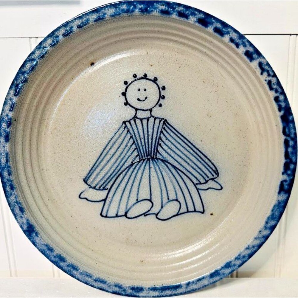 VINTAGE ELDRETH POTTERY (PA) STONEWARE SPONGE PAINT POTTERY SIGNED PLAT